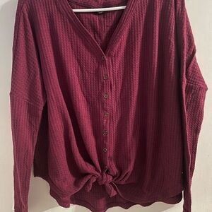 Women's Oversized Burgundy Front-knot Button-Up Top in size medium